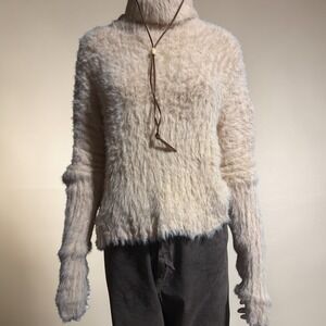 Free People FP One XS Eyelash Ribbed Cropped Turtleneck Cream Oversized Sweater